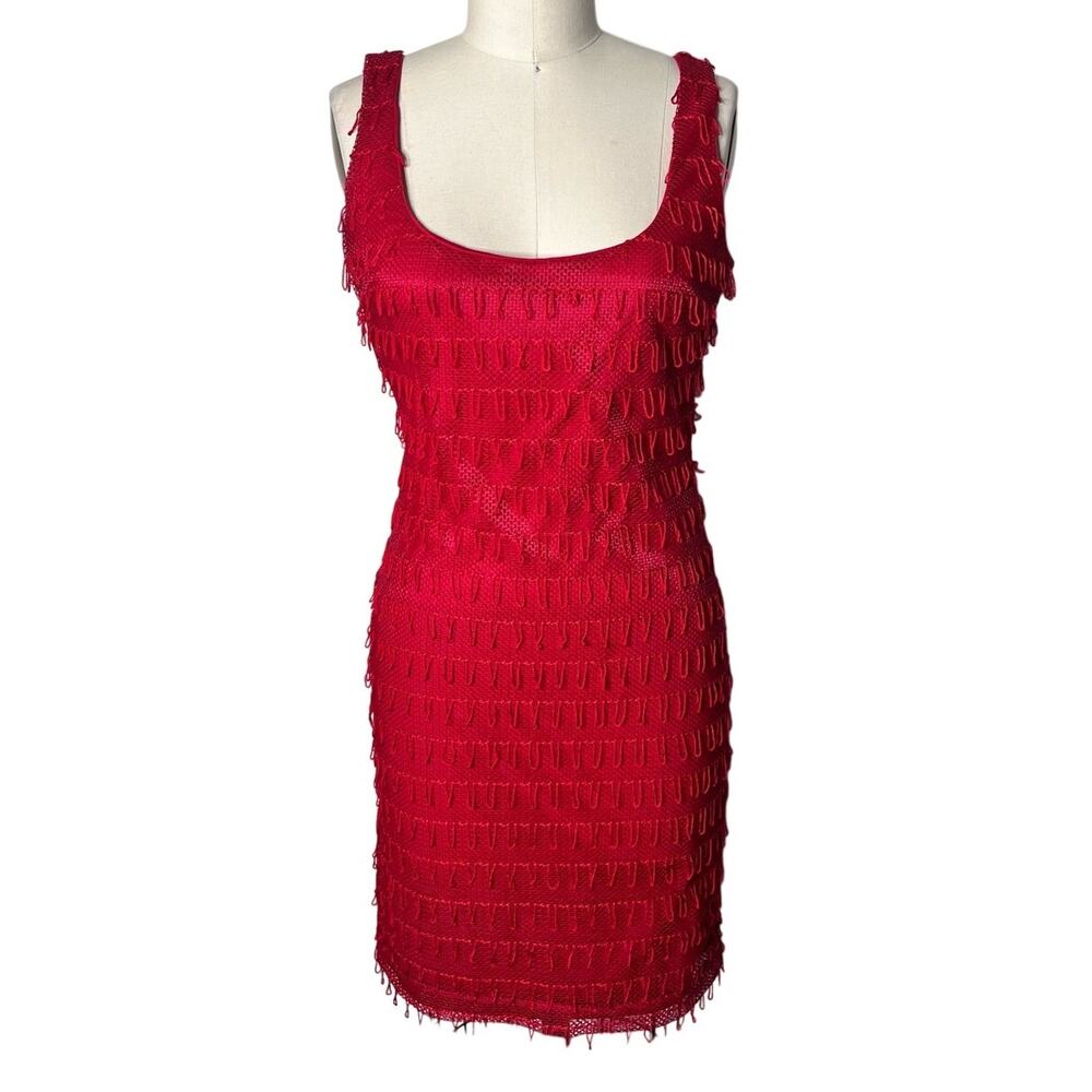 Vintage Fredericks of Hollywood Red Fringe Mesh Bodycon Dress Size 8 90s